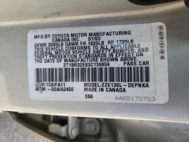 Photo 10 from auction – 2003 TOYOTA COROLLA CE with VIN 2T1BR32E83C136959