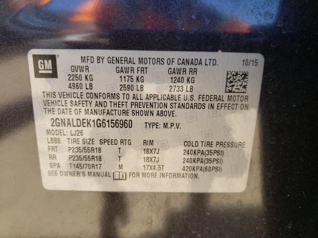 Photo 10 from auction – 2016 CHEVROLET EQUINOX LT with VIN 2GNALDEK1G6156960