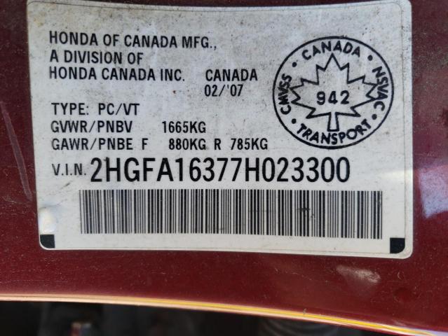 Photo 10 from auction – 2007 HONDA CIVIC DX with VIN 2HGFA16377H023300