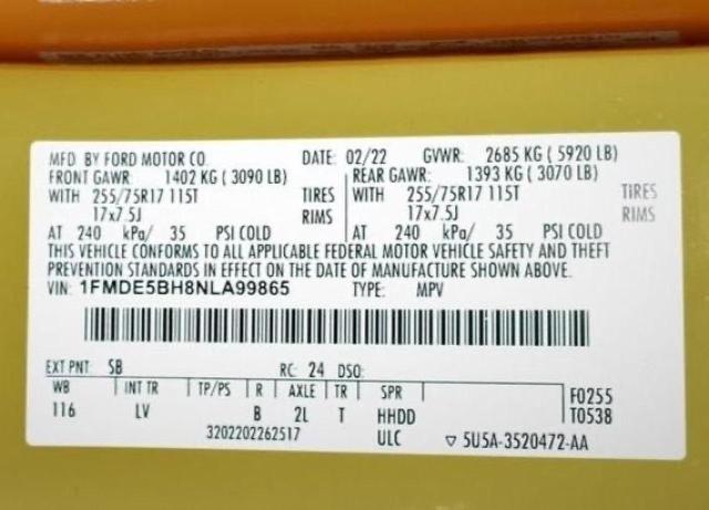 Photo 10 from auction – 2022 FORD BRONCO BAS with VIN 1FMDE5BH8NLA99865