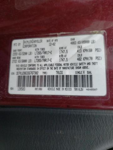 Photo 10 from auction – 2003 DODGE RAM 2500 S with VIN 3D7KU28633G767302