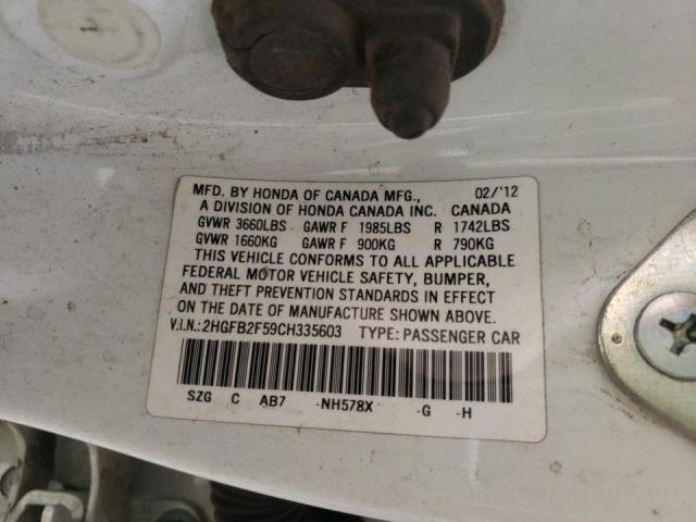 Photo 10 from auction – 2012 HONDA CIVIC LX with VIN 2HGFB2F59CH335603
