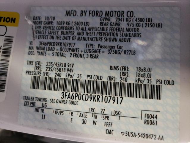 Photo 10 from auction – 2019 FORD FUSION SEL with VIN 3FA6P0CD9KR107917