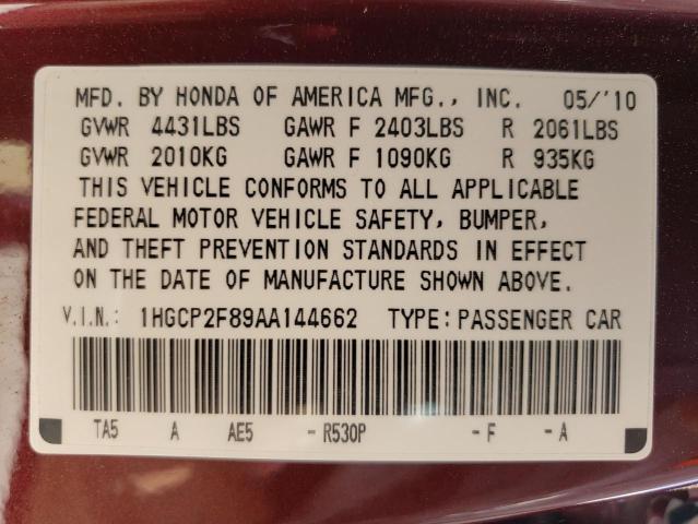 Photo 10 from auction – 2010 HONDA ACCORD with VIN 1HGCP2F89AA144662