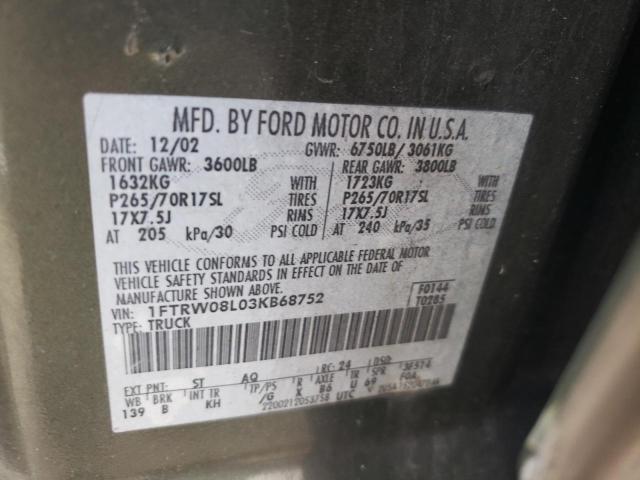 Photo 10 from auction – 2003 FORD F150 SUPER with VIN 1FTRW08L03KB68752