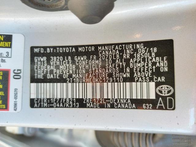 Photo 10 from auction – 2019 TOYOTA COROLLA L with VIN 2T1BURHE0KC129110