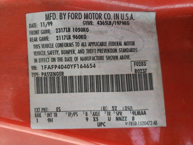 Photo 10 from auction – 2000 FORD MUSTANG with VIN 1FAFP4040YF164654