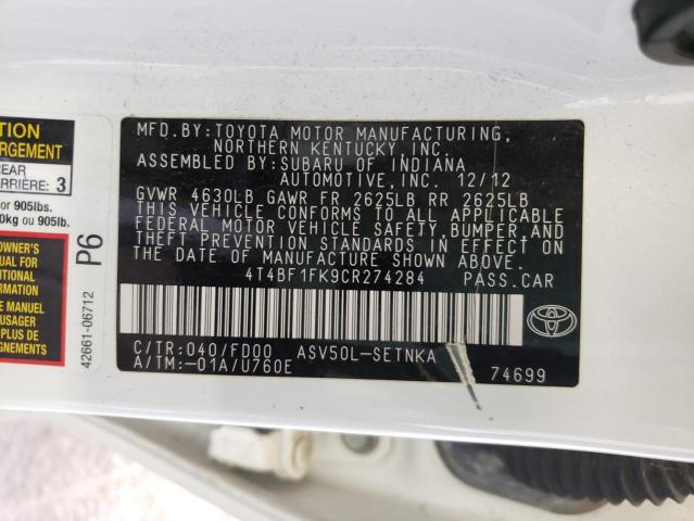 Photo 10 from auction – 2012 TOYOTA CAMRY BASE with VIN 4T4BF1FK9CR274284