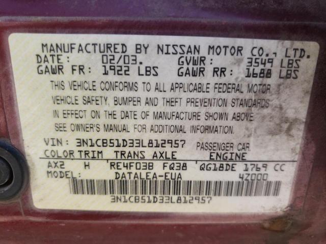 Photo 10 from auction – 2003 NISSAN SENTRA XE with VIN 3N1CB51D33L812957