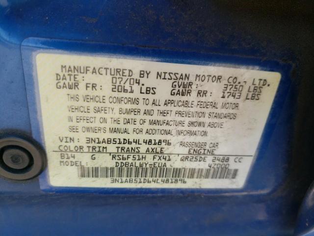Photo 10 from auction – 2004 NISSAN SENTRA SE- with VIN 3N1AB51D64L481896