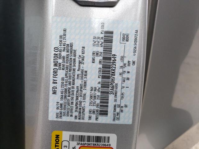 Photo 10 from auction – 2019 FORD FUSION SE with VIN 3FA6P0H78KR239649