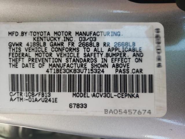 Photo 10 from auction – 2003 TOYOTA CAMRY LE with VIN 4T1BE30K83U715324