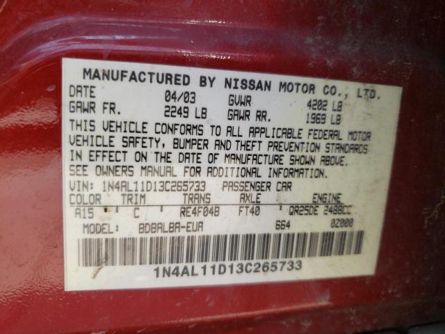 Photo 10 from auction – 2003 NISSAN ALTIMA BAS with VIN 1N4AL11D13C265733
