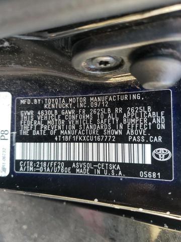 Photo 10 from auction – 2012 TOYOTA CAMRY BASE with VIN 4T1BF1FKXCU167772