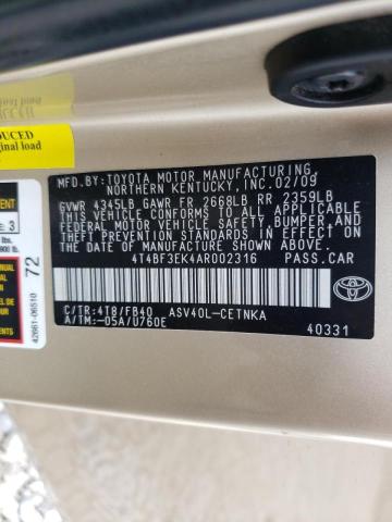 Photo 10 from auction – 2010 TOYOTA CAMRY BASE with VIN 4T4BF3EK4AR002316