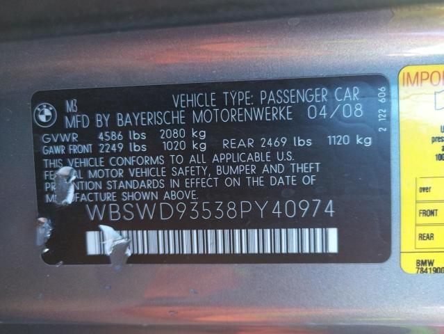 Photo 10 from auction – 2008 BMW M3 with VIN WBSWD93538PY40974