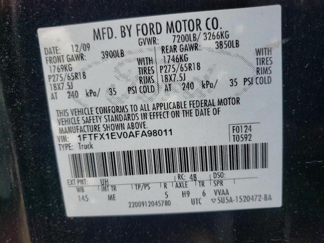 Photo 10 from auction – 2010 FORD F150 SUPER with VIN 1FTFX1EV0AFA98011