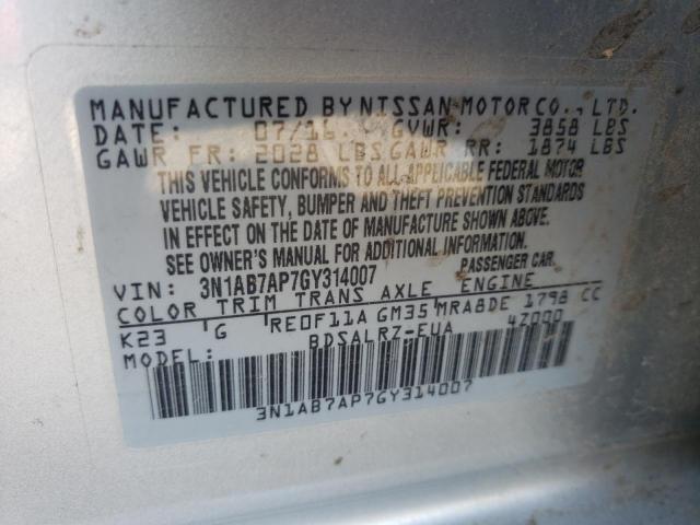 Photo 10 from auction – 2016 NISSAN SENTRA S with VIN 3N1AB7AP7GY314007