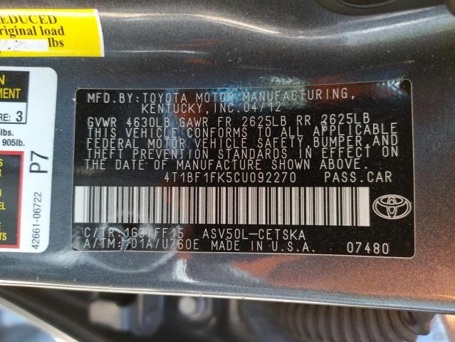 Photo 10 from auction – 2012 TOYOTA CAMRY BASE with VIN 4T1BF1FK5CU092270