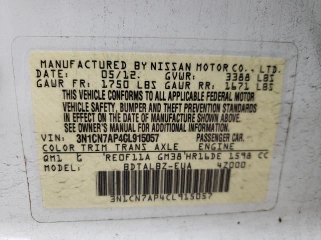Photo 10 from auction – 2012 NISSAN VERSA S with VIN 3N1CN7AP4CL915057