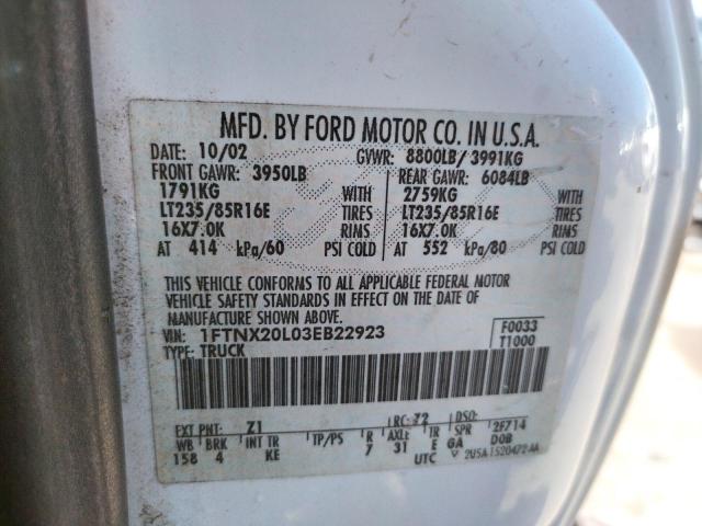 Photo 10 from auction – 2003 FORD F250 SUPER with VIN 1FTNX20L03EB22923