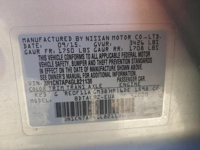 Photo 10 from auction – 2016 NISSAN VERSA S with VIN 3N1CN7AP4GL821136