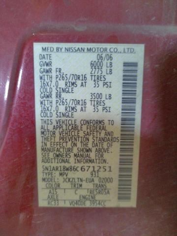 Photo 10 from auction – 2006 NISSAN PATHFINDER with VIN 5N1AR18W86C671251