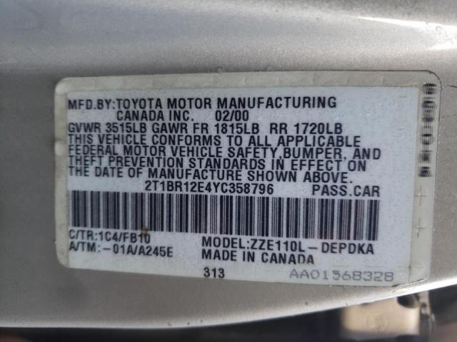 Photo 10 from auction – 2000 TOYOTA COROLLA VE with VIN 2T1BR12E4YC358796