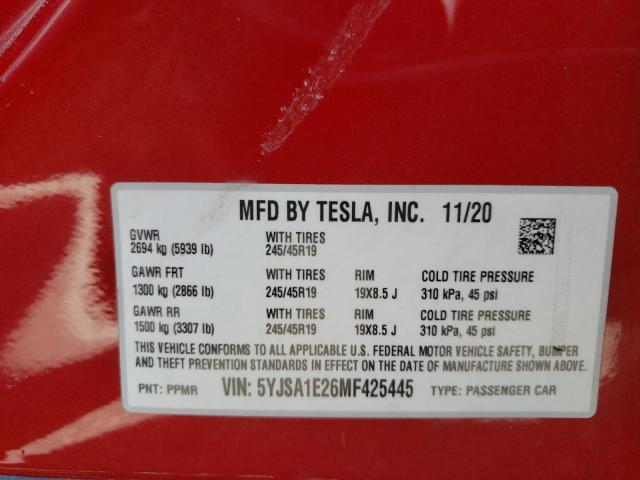Photo 10 from auction – 2021 TESLA MODEL S with VIN 5YJSA1E26MF425445