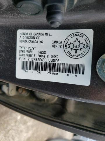Photo 10 from auction – 2012 HONDA CIVIC LX with VIN 2HGFB2F40CH050506
