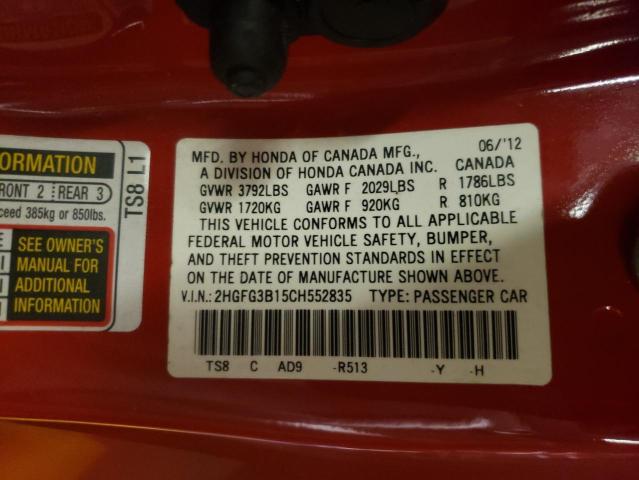 Photo 10 from auction – 2012 HONDA CIVIC EXL with VIN 2HGFG3B15CH552835