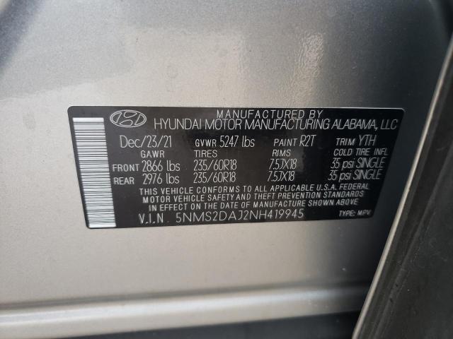 Photo 10 from auction – 2022 HYUNDAI SANTA FE S with VIN 5NMS2DAJ2NH419945