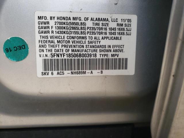 Photo 10 from auction – 2006 HONDA PILOT EX with VIN 5FNYF18506B003918