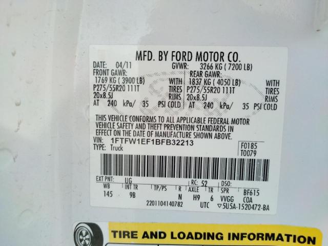 Photo 10 from auction – 2011 FORD F150 SUPER with VIN 1FTFW1EF1BFB32213