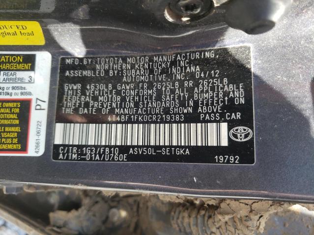 Photo 10 from auction – 2012 TOYOTA CAMRY BASE with VIN 4T4BF1FK0CR219383