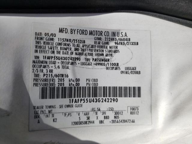 Photo 10 from auction – 2003 FORD TAURUS SES with VIN 1FAFP55U43G242290