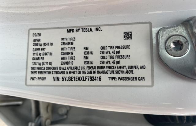 Photo 10 from auction – 2020 TESLA MODEL 3 with VIN 5YJ3E1EAXLF793416
