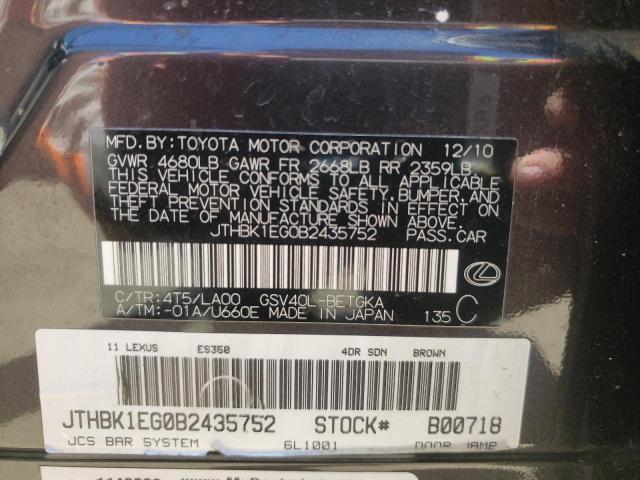 Photo 10 from auction – 2011 LEXUS ES 350 with VIN JTHBK1EG0B2435752