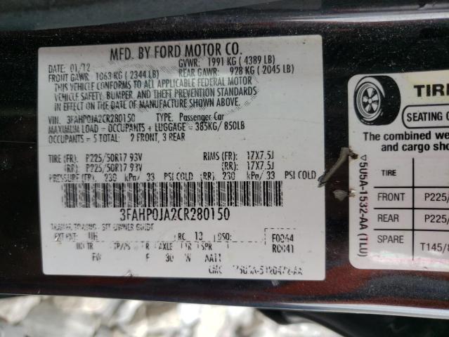 Photo 10 from auction – 2012 FORD FUSION SEL with VIN 3FAHP0JA2CR280150