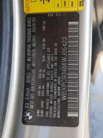 Photo 10 from auction – 2008 BMW X3 3.0SI with VIN WBXPC93488WJ05423