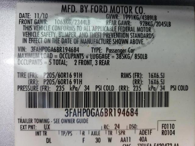 Photo 10 from auction – 2011 FORD FUSION S with VIN 3FAHP0GA6BR194684