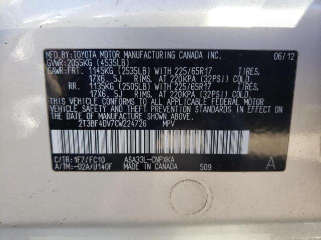 Photo 10 from auction – 2012 TOYOTA RAV4 with VIN 2T3BF4DV7CW224726