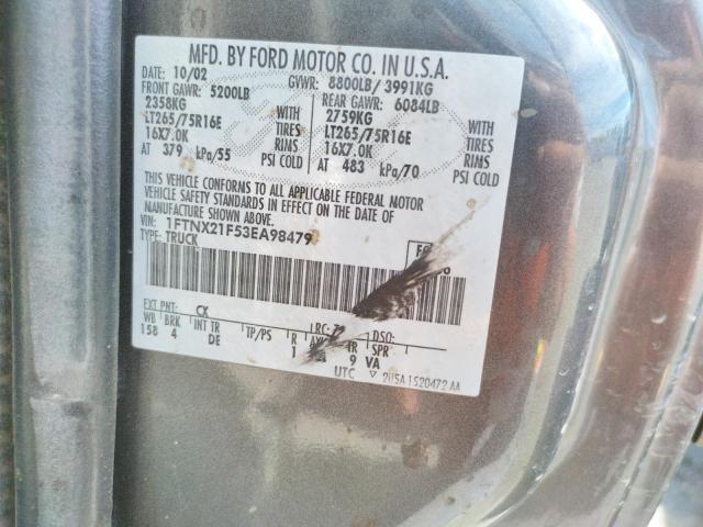 Photo 10 from auction – 2003 FORD F250 SUPER with VIN 1FTNX21F53EA98479
