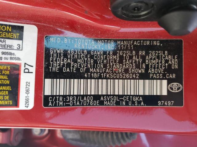 Photo 10 from auction – 2012 TOYOTA CAMRY BASE with VIN 4T1BF1FK5CU526042