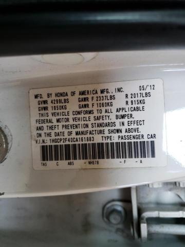Photo 10 from auction – 2012 HONDA ACCORD LXP with VIN 1HGCP2F40CA161883