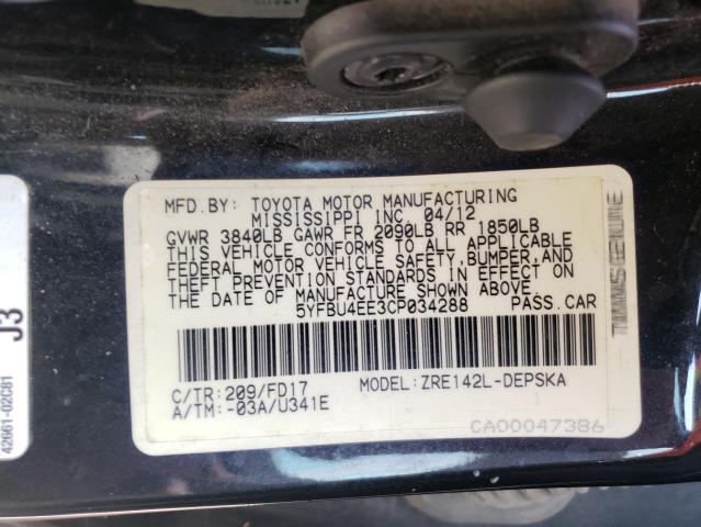 Photo 10 from auction – 2012 TOYOTA COROLLA BA with VIN 5YFBU4EE3CP034288