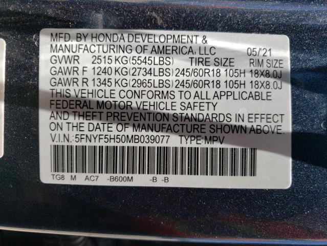 Photo 10 from auction – 2021 HONDA PILOT EXL with VIN 5FNYF5H50MB039077