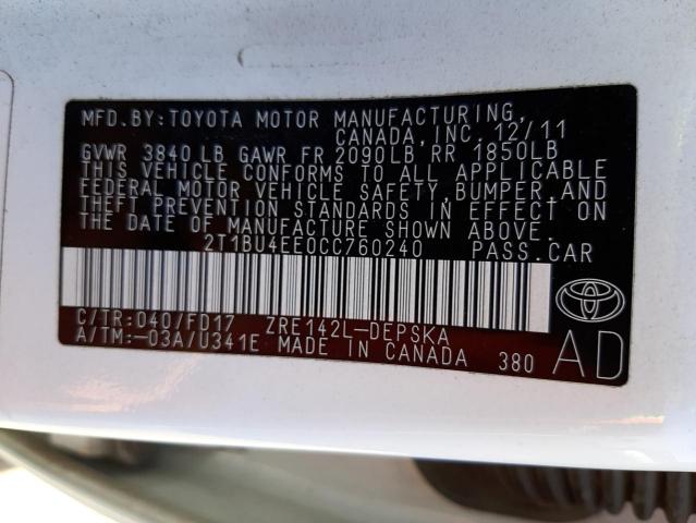 Photo 10 from auction – 2012 TOYOTA COROLLA BA with VIN 2T1BU4EE0CC760240