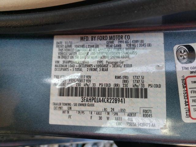 Photo 10 from auction – 2012 FORD FUSION SEL with VIN 3FAHP0JA4CR228941