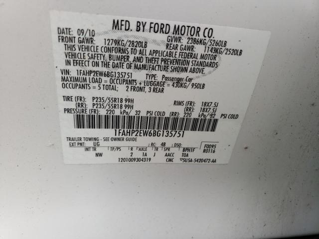 Photo 10 from auction – 2011 FORD TAURUS SEL with VIN 1FAHP2EW6BG135751